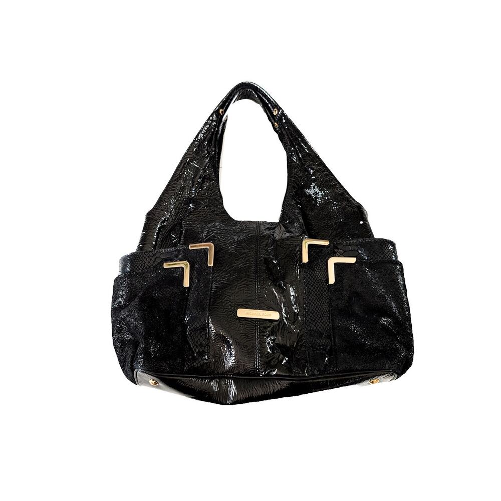 Michael Kors Beverly Bag in Black Patent Leather with Croc-Embossed and Suede